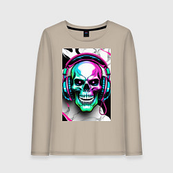 Лонгслив хлопковый женский Череп в наушниках, цвет: миндальный