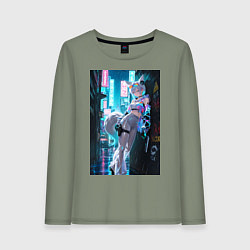 Лонгслив хлопковый женский Лиса наемник в стиле Cyberpunk, цвет: авокадо