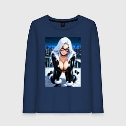 Лонгслив хлопковый женский Черная кошка на крыше небоскреба, цвет: тёмно-синий