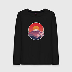 Лонгслив хлопковый женский Гора Фудзи с сакурой, цвет: черный