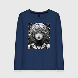 Лонгслив хлопковый женский Аниме портрет девушки в черно-белом цвете, цвет: тёмно-синий