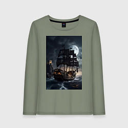 Лонгслив хлопковый женский Пиратский корабль в шторм, цвет: авокадо