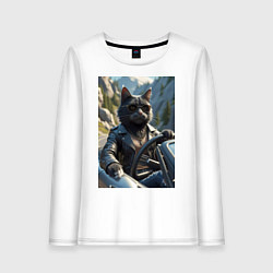 Лонгслив хлопковый женский Кот за рулем кабролета, цвет: белый