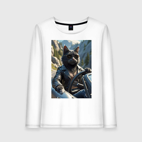 Женский лонгслив Кот за рулем кабролета / Белый – фото 1