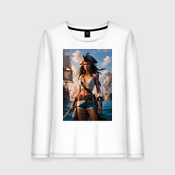 Лонгслив хлопковый женский Пиратка на фона флотилии кораблей, цвет: белый