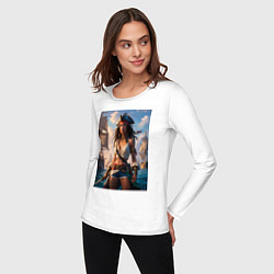 Лонгслив хлопковый женский Пиратка на фона флотилии кораблей, цвет: белый — фото 2