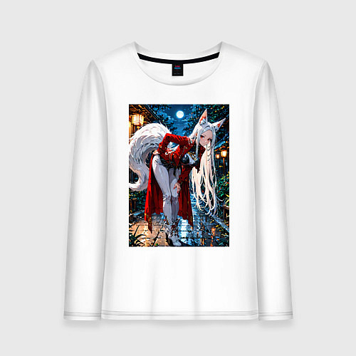 Женский лонгслив Белоснежная лиса лунной ночью / Белый – фото 1