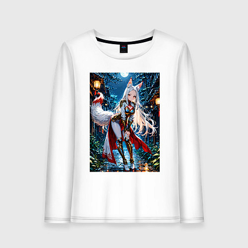 Женский лонгслив Белоснежная лиса лунной ночью / Белый – фото 1