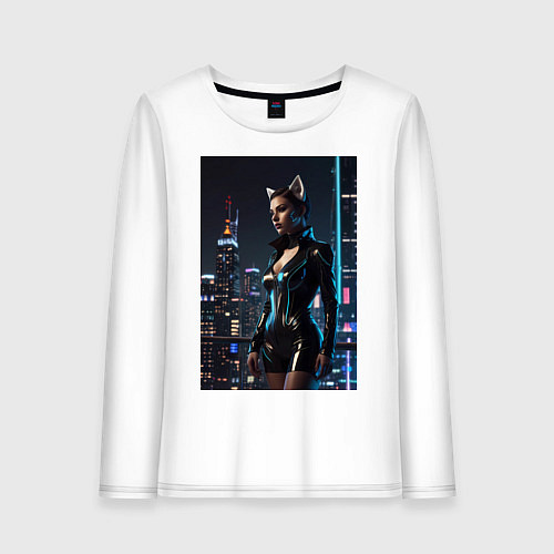 Женский лонгслив Девушка с кошачьими ушами стоит на фоне небоскребо / Белый – фото 1