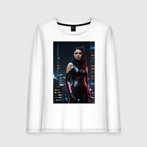 Женский лонгслив Девушка с кошачьими ушами стоит на фоне небоскребо / Белый – фото 1
