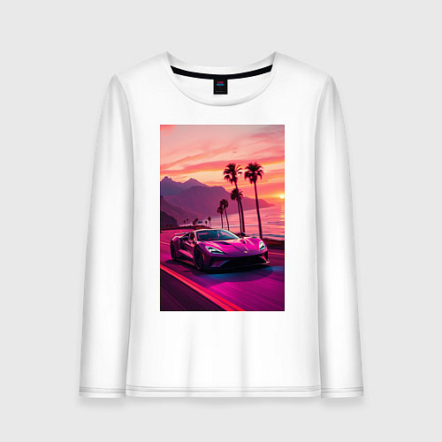 Женский лонгслив Суперкар едет около океана / Белый – фото 1