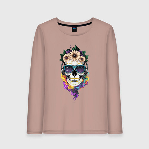 Женский лонгслив The skull in flowers / Пыльно-розовый – фото 1
