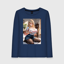 Лонгслив хлопковый женский Марин Китагава позирует на кровати, цвет: тёмно-синий
