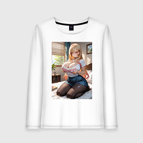 Женский лонгслив Марин Китагава позирует на кровати / Белый – фото 1