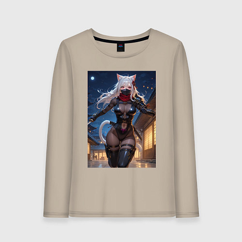 Женский лонгслив Кошка-ниндзя с ножами бежит в ночи / Миндальный – фото 1