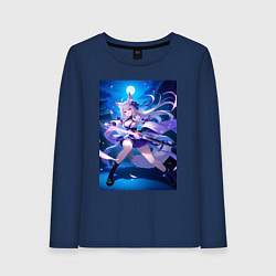 Лонгслив хлопковый женский Лисица с катаной на фоне Луны, цвет: тёмно-синий
