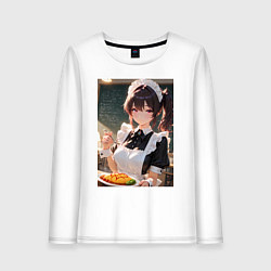 Лонгслив хлопковый женский Горничная в maid-cafe украшает еду, цвет: белый