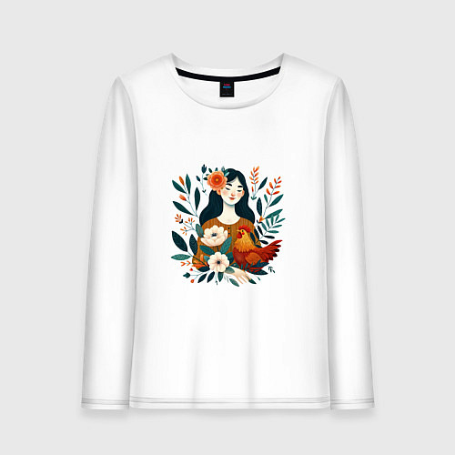 Женский лонгслив Девушка и курица в окружении цветов / Белый – фото 1
