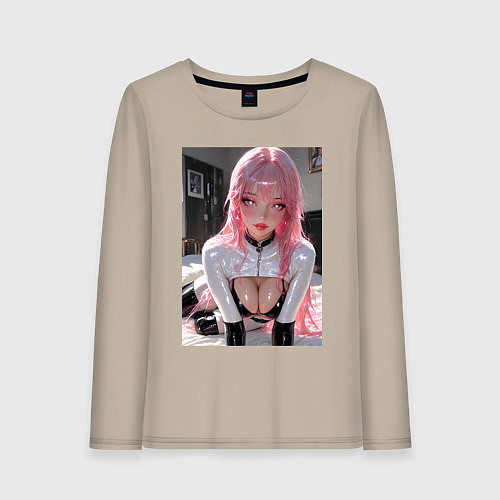 Женский лонгслив Девушка с розовыми волосами в откровенном наряде / Миндальный – фото 1