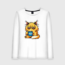 Лонгслив хлопковый женский Уставший невыспавшийся кот, цвет: белый