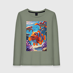 Женский лонгслив Рыбка клоун плавает с черепахами