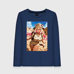 Лонгслив хлопковый женский Лиса-археолог исследователь пирамид, цвет: тёмно-синий