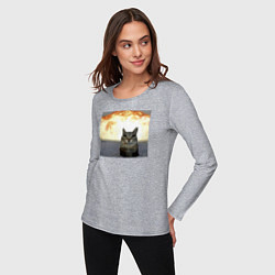 Лонгслив хлопковый женский Кот со взрывом - silly cat meme, цвет: меланж — фото 2