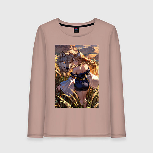 Женский лонгслив Девушка-волчица посреди поля пшеницы / Пыльно-розовый – фото 1