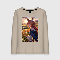 Лонгслив хлопковый женский Девушка-волчица посреди поля пшеницы, цвет: миндальный