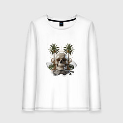 Лонгслив хлопковый женский Тропический остров черепа, цвет: белый