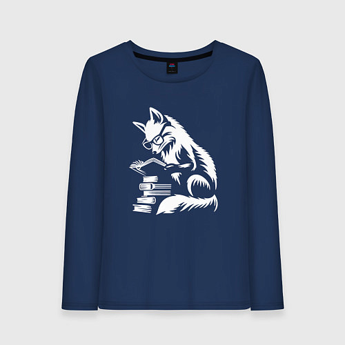 Женский лонгслив Лиса - библиотекарь / Тёмно-синий – фото 1