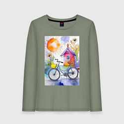 Женский лонгслив Утенок на велосипеде - акварель