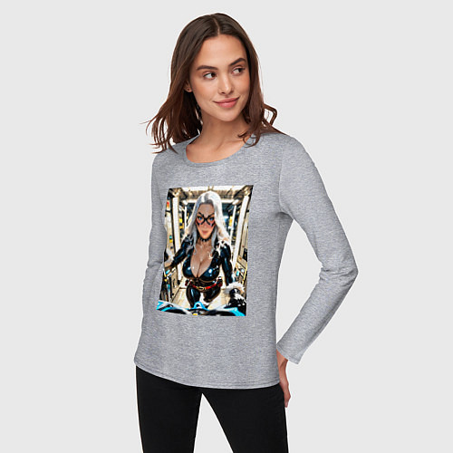 Женский лонгслив Черная кошка в сейфе банка / Меланж – фото 3