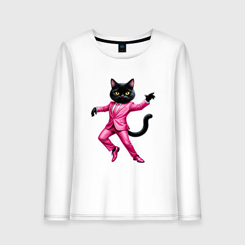 Женский лонгслив Черный кот в розовом костюме танцует / Белый – фото 1