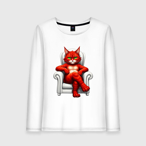 Женский лонгслив Красный кот сидит в белом кресле / Белый – фото 1