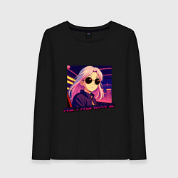 Лонгслив хлопковый женский Ретровейв аниме девушка, цвет: черный