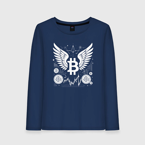 Женский лонгслив Биткоин с крыльями / Тёмно-синий – фото 1
