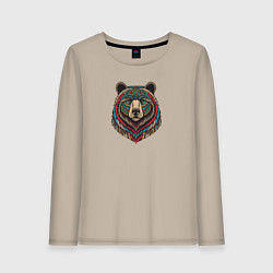 Лонгслив хлопковый женский Портрет медведя этника, цвет: миндальный