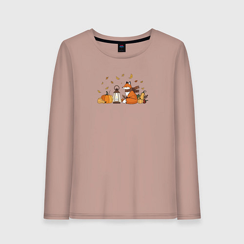Женский лонгслив Лиса с тыквами и фонарём / Пыльно-розовый – фото 1