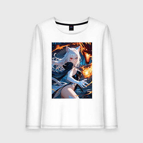Женский лонгслив Кошка сражается с драконом / Белый – фото 1