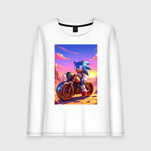 Женский лонгслив Ёж Соник на ржавом ретро мотоцикле в пустыне / Белый – фото 1
