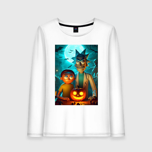 Женский лонгслив Rick and Morty with pumpkin - halloween night / Белый – фото 1