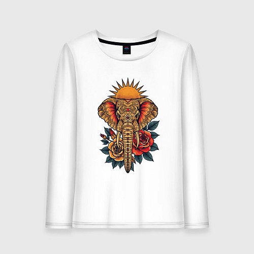 Женский лонгслив Слон на фоне солнца с розами в стиле тату / Белый – фото 1