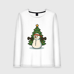 Лонгслив хлопковый женский Снеговик с гирями, цвет: белый