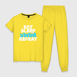 Пижама хлопковая женская Eat sleep swim repeat, цвет: желтый