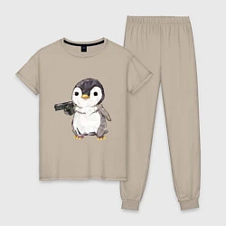 Пижама хлопковая женская Пингвин с пистолетом, цвет: миндальный
