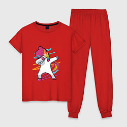 Пижама хлопковая женская Единорог кидает даб, цвет: красный