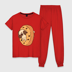 Пижама хлопковая женская Мопс-печенька, цвет: красный