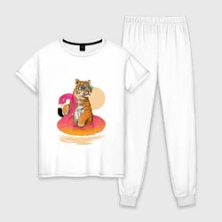 Пижама хлопковая женская Тигр на фламинго, цвет: белый