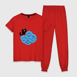 Пижама хлопковая женская Кот программиста, цвет: красный